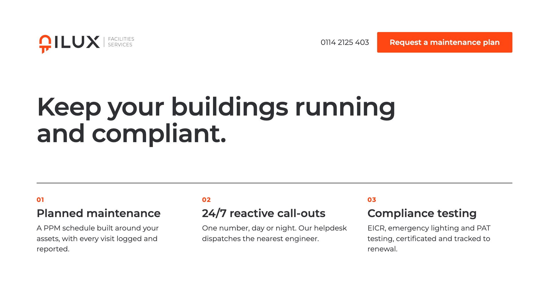 Keep your buildings running and compliant: planned maintenance, 24/7 reactive call-outs, compliance testing
